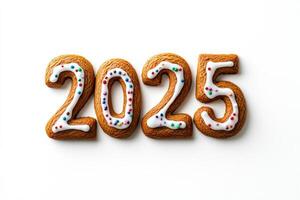 Gingerbread in the shape of 2025, each number decorated with festive icing and sprinkles, isolated on white photo