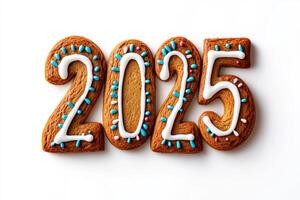 Gingerbread in the shape of 2025 with festive icing and sprinkles, isolated on white photo