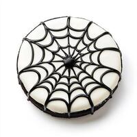Halloween spider web cake with white frosting and black web design, isolated on white background, top view photo