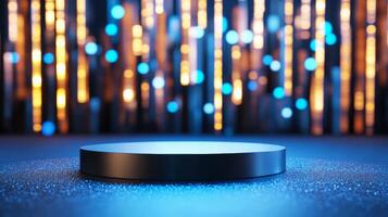 Modern New Year podium with a metallic finish, surrounded by LED lights, glitter, and a futuristic cityscape in the background photo