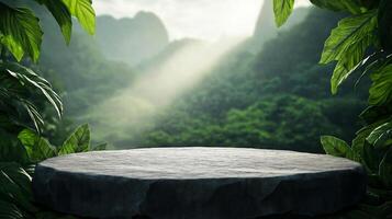 Rock platform with a rough stone podium, set in a serene forest with rays of sunlight and a misty mountain range in the background photo