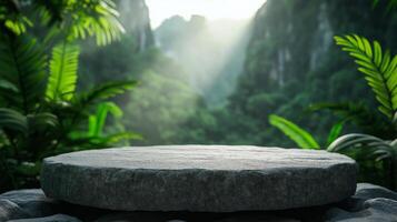 Rock platform with a rough stone podium, set in a serene forest with rays of sunlight and a misty mountain range in the background photo