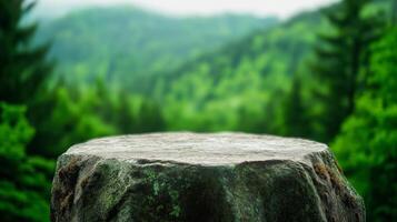 Rock podium on a lichen covered boulder, surrounded by dense greenery and a softly blurred background of forest and hills photo