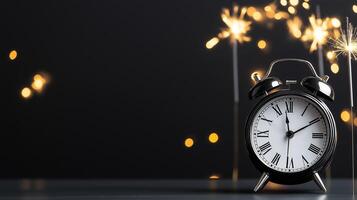 Sleek black New Year pedestal with silver accents, sparklers, and a clock showing midnight, set on a dark gradient background photo