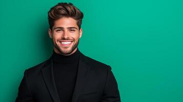 Smiling male model dressed in a sharp black outfit, luxury gradient background in black and emerald green, Black Friday design photo