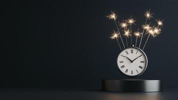 Sleek black New Year pedestal with silver accents, sparklers, and a clock showing midnight, set on a dark gradient background photo