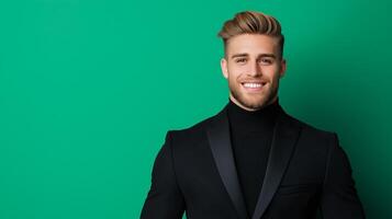 Smiling male model dressed in a sharp black outfit, luxury gradient background in black and emerald green, Black Friday design photo