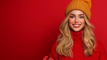Smiling female model posing with a large Black Friday sale banner, vibrant red and gold gradient background photo