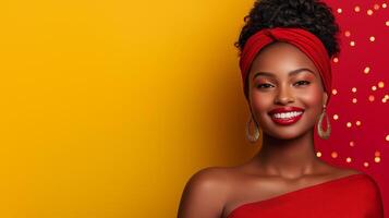 Smiling female model posing with a large Black Friday sale banner, vibrant red and gold gradient background photo