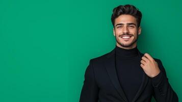 Smiling male model dressed in a sharp black outfit, luxury gradient background in black and emerald green, Black Friday design photo