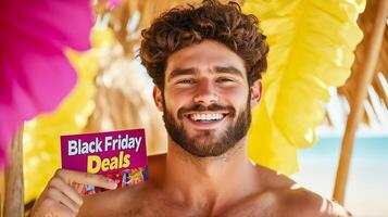 Smiling male model in swim shorts, pointing to a Black Friday Deals sign, isolated on a gradient background, medium shot photo