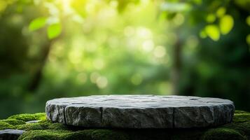 Stone podium on a moss covered rock platform with a green forest background, sunlight filtering through the trees, and blurred foliage photo