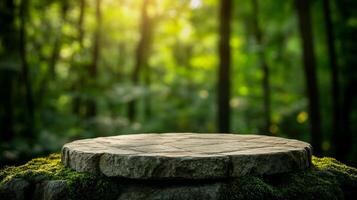Stone podium on a moss covered rock platform with a green forest background, sunlight filtering through the trees, and blurred foliage photo