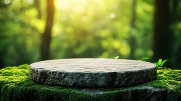 Stone podium on a moss covered rock platform with a green forest background, sunlight filtering through the trees, and blurred foliage photo
