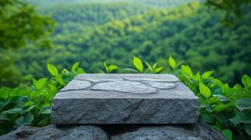 Stone podium on a rocky surface, surrounded by dense greenery and a softly blurred background of forest and hills photo