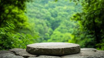 Stone podium on a rocky surface, surrounded by dense greenery and a softly blurred background of forest and hills photo