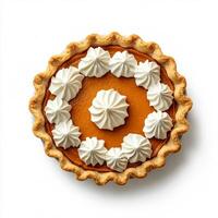 Traditional Halloween pumpkin pie with whipped cream on top, isolated on white background, top view photo
