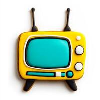 Unusual gingerbread cookie shaped like a retro TV set with antennas, decorated with colorful icing, isolated on white, top view photo