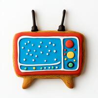 Unusual gingerbread cookie shaped like a retro TV set with antennas, decorated with colorful icing, isolated on white, top view photo