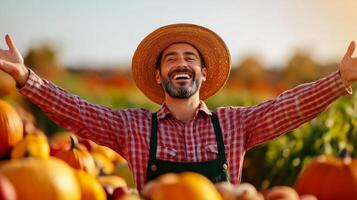A happy farmer standing with arms outstretched welcoming customers to an autumn market stall colorful pumpkins gourds and apples all around golden autumn sunlight photo