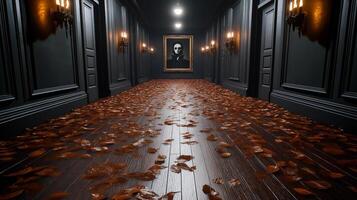 A rustic hallway with a large vampire portrait dripping candle sconces and a floor covered in faux fallen leaves with hidden eyes peeking out photo