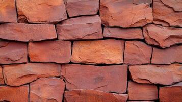 Angled closeup of a rough brick wall painted in burnt orange texture highlighting brick seams and minor surface flaws giving a warm and rustic appeal photo