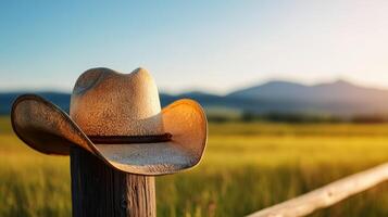 Close up of a weathered cowboy hat resting on a wooden fence post with a sunlit ranch in the background photo