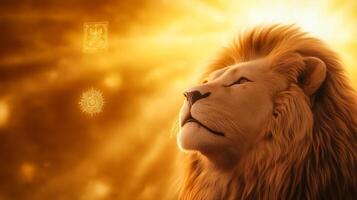 Close up of a lions mane illuminated by cosmic light from an open portal with ancient symbols floating in the air capturing the energy of the Lions Gate portal photo