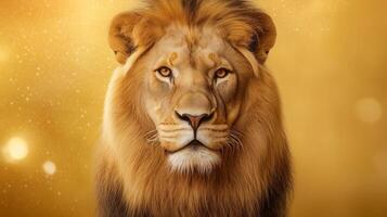 Close up of a lions intense gaze with a luminous portal of light behind it the lions mane blending with the energy of the Lions Gate portal with stars twinkling in the background photo