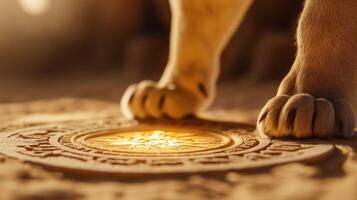 Close up of a lions paw stepping through a radiant energy portal in the sand with ancient symbols glowing beneath the surface signifying the entrance to the Lions Gate portal photo