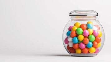 Conceptual image of a bubble gum machine dispensing bright colorful gum balls isolated on a solid white background with sharp clean lines photo