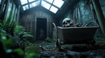 Creepy garden shed with rusty tools hanging cobweb covered corners old wheelbarrow filled with bones dark and foreboding atmosphere photo