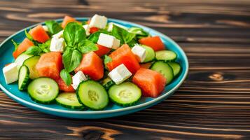 Cucumber salad with thinly sliced cucumbers watermelon cubes and feta cheese crumbles on a turquoise ceramic plate with a rustic wooden background photo