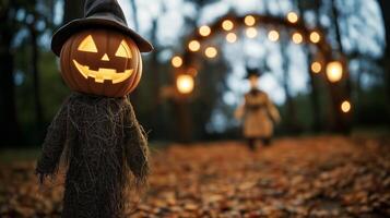 Eerie Halloween garden archway covered in cobwebs lanterns flickering dimly dead leaves scattered around with a creepy scarecrow standing guard photo