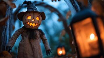 Eerie Halloween garden archway covered in cobwebs lanterns flickering dimly dead leaves scattered around with a creepy scarecrow standing guard photo