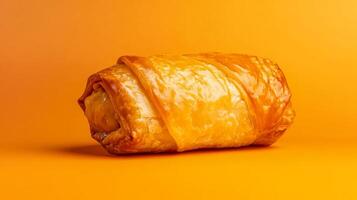Isolated image of a single cheeseburger egg roll with a glossy golden brown crust centered on a gradient background transitioning from light to dark photo