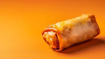 Isolated image of a single cheeseburger egg roll with a glossy golden brown crust centered on a gradient background transitioning from light to dark photo