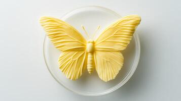 Overhead shot of a butter sculpture of a detailed butterfly with spread wings sitting atop a smooth glass plate soft sunlight casting long shadows pale yellow color photo
