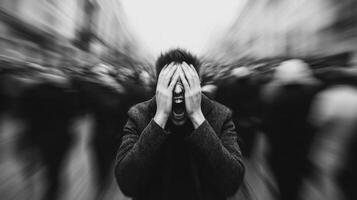 A person clutching their head in panic surrounded by a bustling crowd their figure in sharp focus while the crowd is motion blurred photo