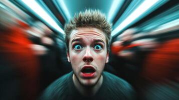 A person being jostled in a crowded space expression of panic with motion blur on the crowd to emphasize the chaos and fear photo