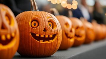 A lineup of intricately carved pumpkins on display each with unique designs from spooky faces to elaborate patterns with a festive autumn backdrop and string lights photo