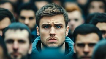 A person looking overwhelmed pressed by a tight crowd face in sharp focus while the crowd around them is blurred intense atmosphere photo