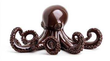 Close up of a chocolate octopus sculpture with intricate details tentacles gracefully curling in a spiral pattern glossy dark chocolate with a subtle sheen isolated on a white background photo