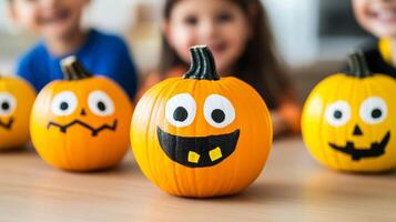 Children painting and decorating pumpkins at a pumpkin contest vibrant colors and creative designs on display with pumpkins arranged on a wooden table photo