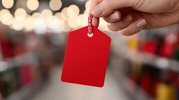Close up of a price tag with a massive discount being pulled off a shelf by eager hands capturing the urgency and excitement of Black Friday shopping photo