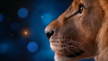 Close up of a lions profile with the Lions Gate portal reflected in its eye cosmic energy swirling around and the stars of Leo constellation faintly glowing in the background photo