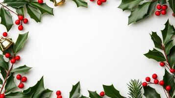 Overhead view of a Christmas style picture frame adorned with holly leaves red berries and golden bells featuring a festive red and green border isolated on a white background photo