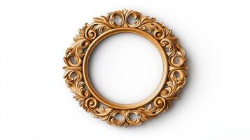 Close up of an ornate circular picture frame with rococo style detailing including intricate scrolls and floral patterns isolated on a white background with a faint shadow photo