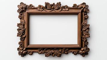 Close up of a vintage square picture frame with detailed floral engravings and a bronze finish isolated on a white background with a subtle shadow effect photo