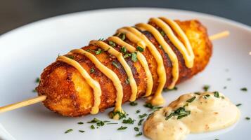 Closeup of a lobster corn dog with a crispy golden brown batter served on a stick with a drizzle of spicy aioli garnished with fresh herbs on a white plate photo